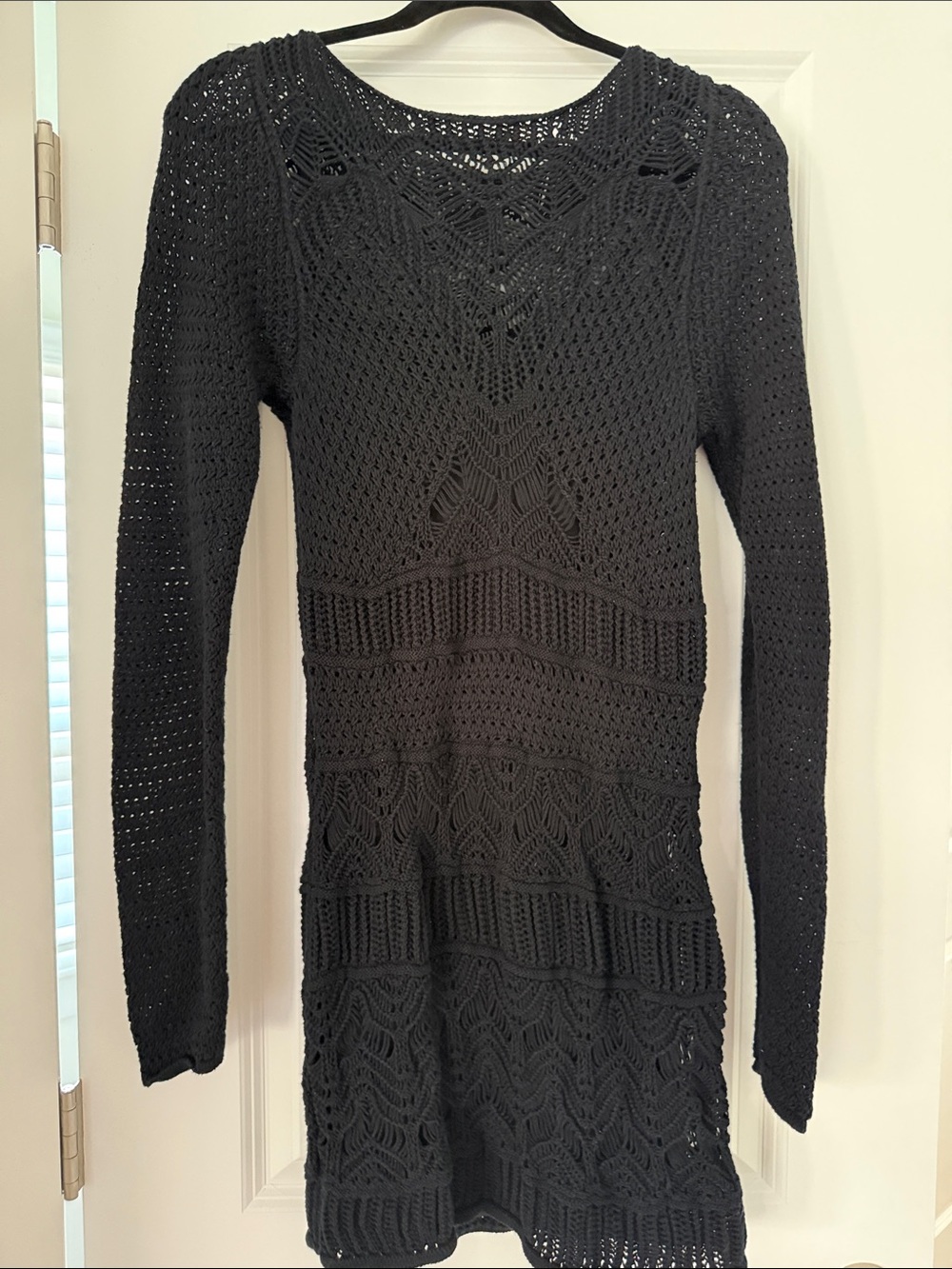 Black Crochet Knit Long Sleeve Tunic Sweaterdress